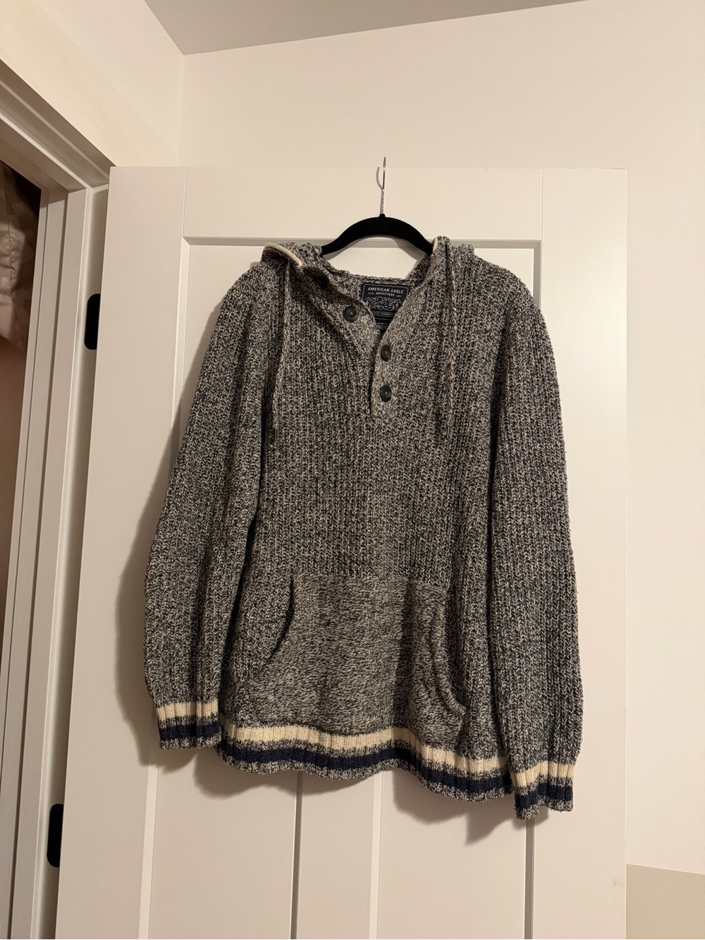 American Eagle Gray Hooded Knit Sweater with Stripe Trim
